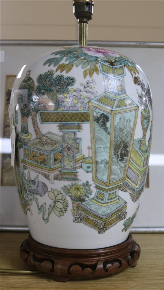 A Chinese famille rose antiques jar and cover, early 20th century, converted to lamp